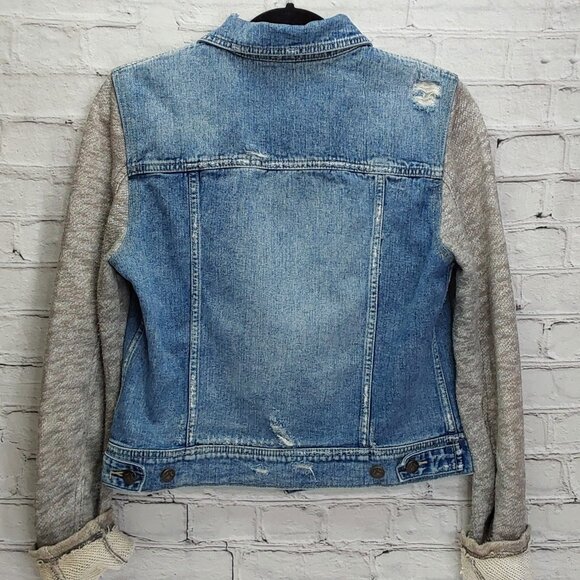 'FREE PEOPLE' DISTRESSED DENIM JACKET TEXTURE SLEEVE VINTAGE - Picture 6 of 16
